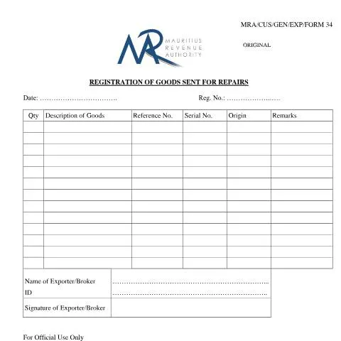 Document preview: The Importance of MRA-CUS-GEN-EXP-FORM34 in Repairs — Government & admin (MRA-CUS-GEN-EXP-FORM34)