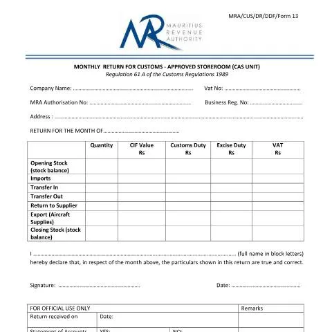 Document preview: Essential Guide to Monthly Return for Customs Approved Storeroom — Government & admin (Form13-MonthlyReturnForCAS)