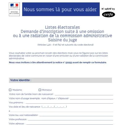 Aperçu du document Contester une radiation des listes électorales devant le juge — Démarches administratives (CERFA n°15878*03)