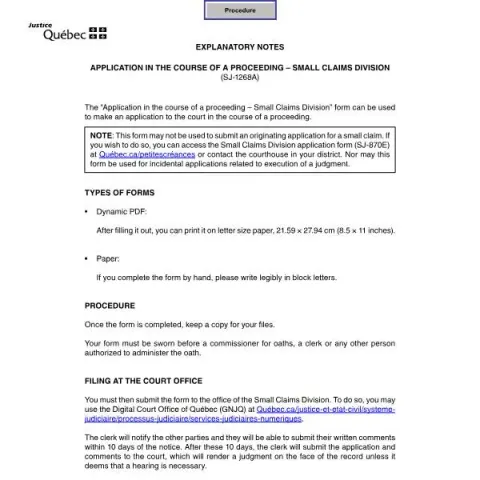 Document preview: Understanding the Small Claims Application Form SJ-1268A — Legal & justice (SJ-1268A)