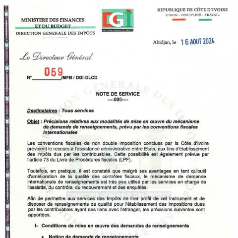 Aperçu du document Mécanisme de demande de renseignements fiscaux internationaux en Côte — Démarches administratives