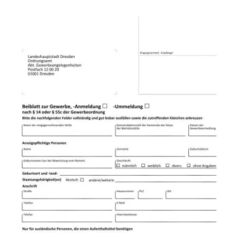 Dokumentvorschau: Beiblatt zur Gewerbeanmeldung und -ummeldung in Dresden — Unternehmen (3254_beiblatt)