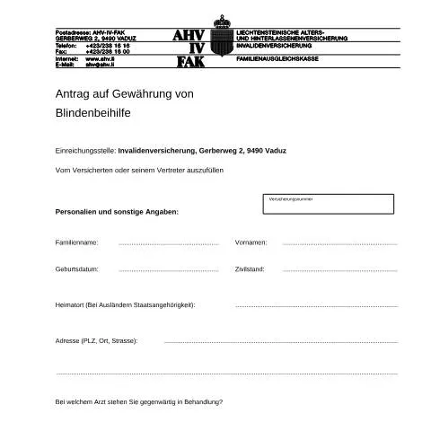 Dokumentvorschau: Leitfaden zur Beantragung der Blindenbeihilfe — Gesundheit (CERFA n°AHV-IV-FAK-FORM-7-01--Antrag_Gewaehrung_BB)
