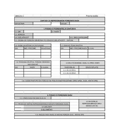 Document preview: Kako podnijeti zahtjev za reprogram poreznog duga za pravne osobe — Porezi i fiskalnost (CERFA n°Zahtjev za reprogram poreznog duga za pravne osobe)