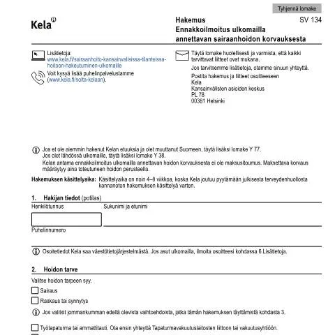 Document preview: Ennakkoilmoitus sairaanhoidon korvauksista ulkomailla — Terveys (CERFA n°Kela SV 134)