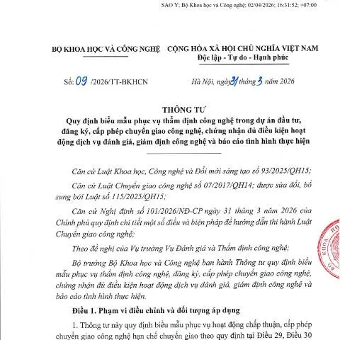 Document preview: Quy định mới trong thẩm định công nghệ theo Thông tư 09/2026/TT-BKHCN — Thuế & tài chính (CERFA n°09/2026/TT-BKHCN)