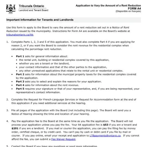 Document preview: Ontario Rent Reduction Variation Application (Form A4) (English / French) — Housing (FORM A4)