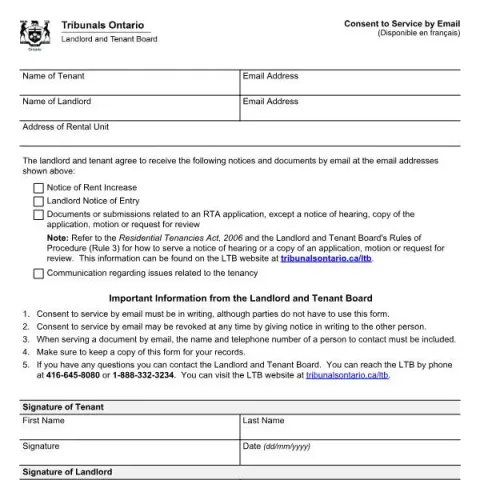 Document preview: Understanding the Consent to Service by Email Form in Ontario (English / French) — Housing