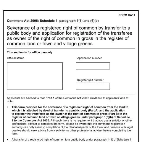 Document preview: Guide to Completing Form CA11 for Common Land Rights — Government & admin