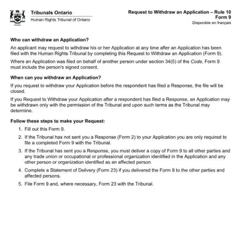 Document preview: How to Withdraw Your Application at the HRTO (English / French) — Legal & justice (Form 9)