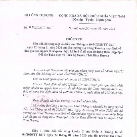 Document preview: Hướng dẫn Thông tư 08/2026/TT-BCT về đấu giá ô tô nhập khẩu — Thủ tục hành chính (CERFA n°08/2026/TT-BCT)