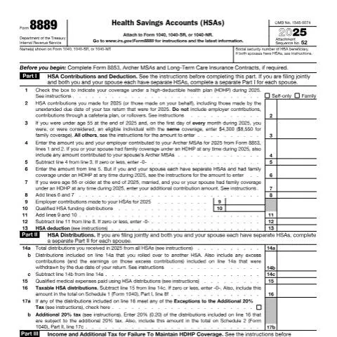Document preview: A Comprehensive Guide to IRS Form 8889 for HSAs — Taxes (CERFA n°8889)