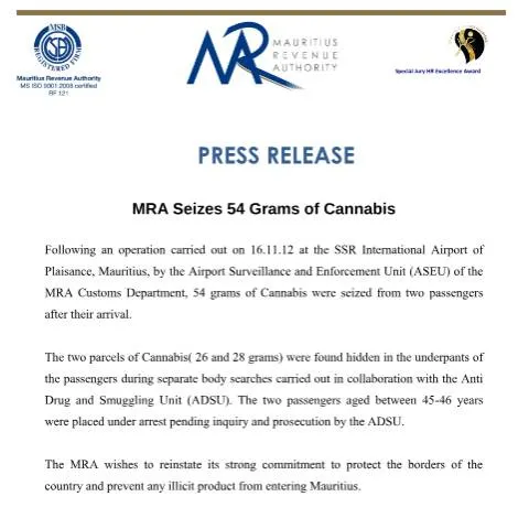 Document preview: Significant Cannabis Seizure by MRA at Airport — Government & admin (PressReleaseNov2012)