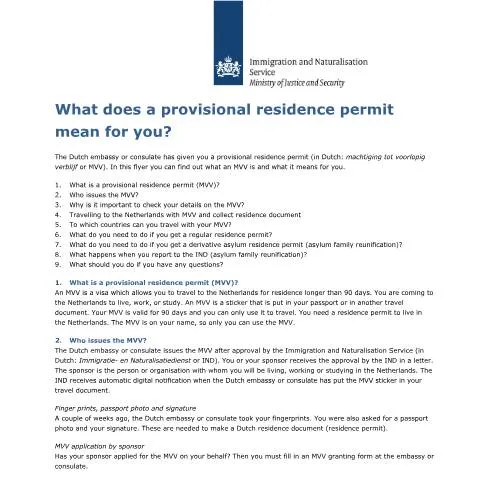 Documentvoorvertoning: Inzicht in de Provisionele Verblijfsvergunning in Nederland — Immigratie & visa (CERFA n°9550)