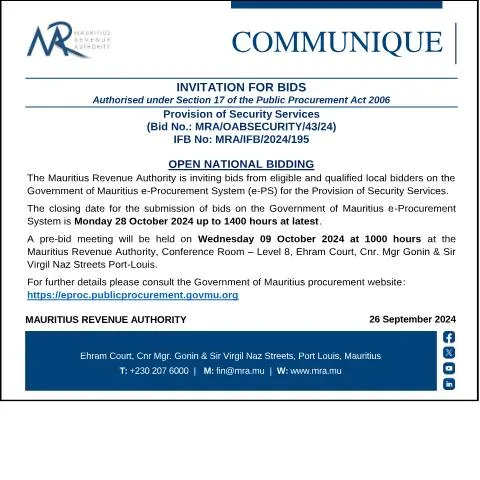 Document preview: Mauritius Revenue Authority Security Services Bid Overview — Government & admin (CommuniqueBid260924)