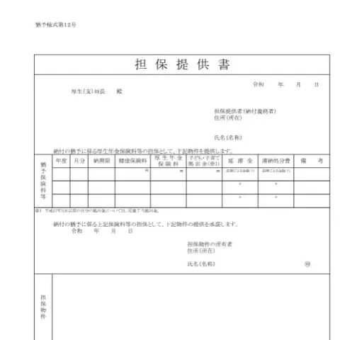 Document preview: 担保提供書(猶予様式第12号)の様式解説 — 退職と年金 (猶予様式第12号)