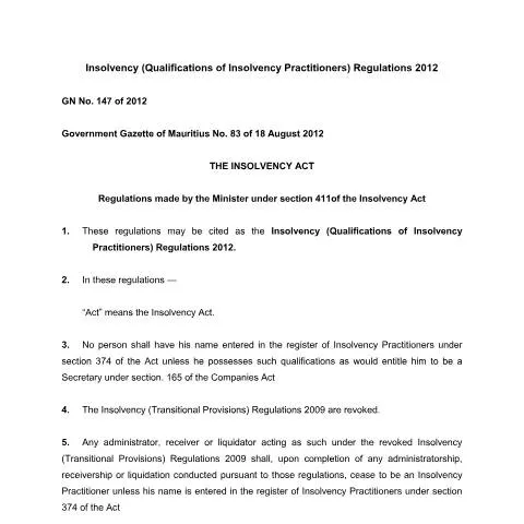 Document preview: Understanding GN No. 147 of 2012 for Insolvency Practitioners — Government & admin (CERFA n°GN-No.-147-of-2012)