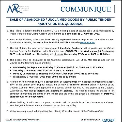Document preview: Understanding the Sale of Unclaimed Goods in Mauritius — Government & admin (CERFA n°CommuniqueQ202021)