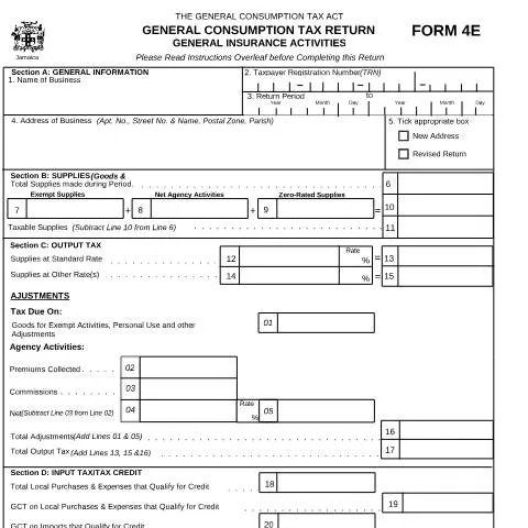 Document preview: Understanding the Jamaica GCT Return Form 4E for Insurance Entities — Government & admin (CERFA n°4e_prior_jun2014)