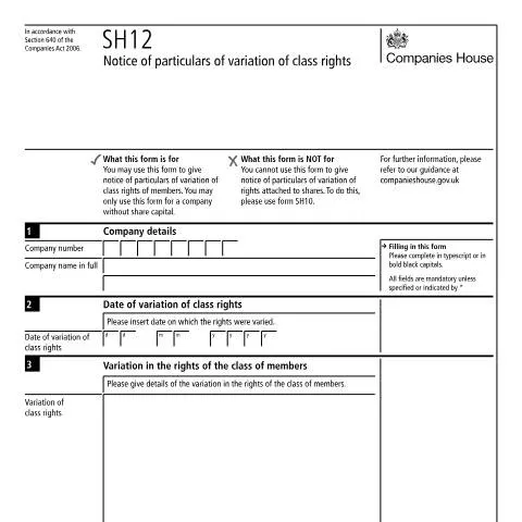 Document preview: SH12 Form: Notifying Class Rights Changes to Companies House — Business