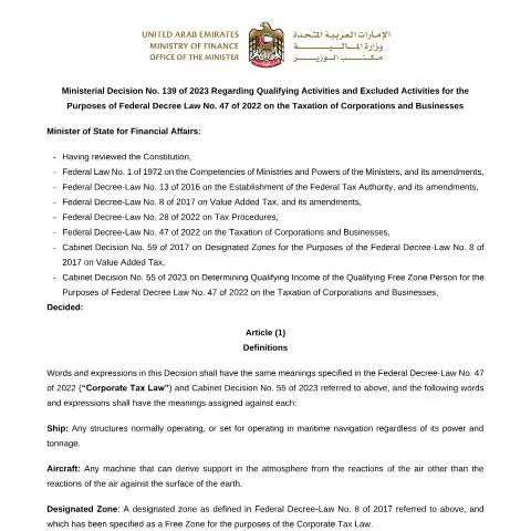Document preview: UAE Ministerial Decision No 139/2023: Defining Tax-Qualifying — Taxes (CERFA n°Ministerial Decision No (139) of 2023)