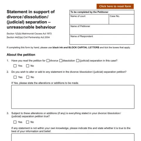 Document preview: Understanding UK Court Form D80B for Divorce by Unreasonable Behaviour — Legal & justice (D80B)
