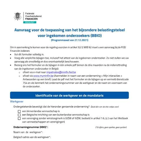 Aperçu du document Obtenez votre statut d'ingénieur-chercheur en Belgique — Démarches administratives (CERFA n°122-aanvraagformulier-statuut-ingekomen-onderzoeker-BBIO)