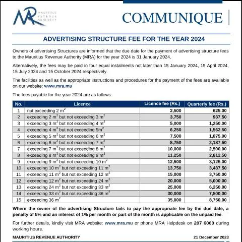 Document preview: Mauritius Advertising Structure Fee 2024: Key Details — Government & admin (CommuniqueASF211223)