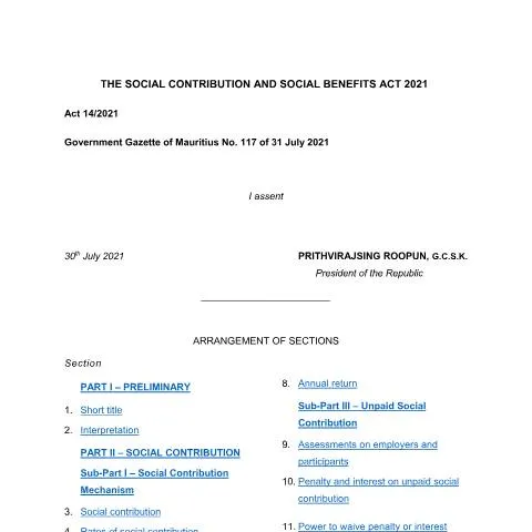 Document preview: Mauritius Social Contribution and Social Benefits Act 2021 Overview — Benefits & social aid (CERFA n°social-contribution-and-social-benefits-act-2021)