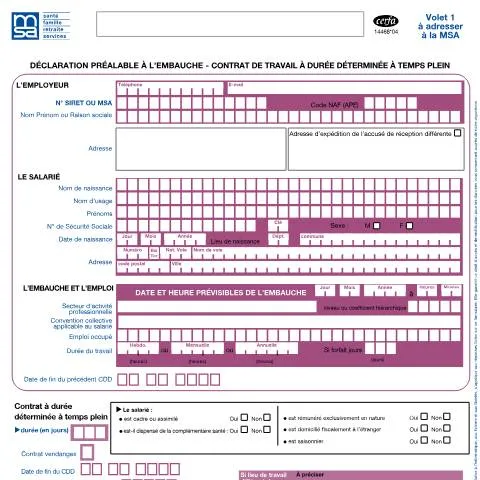 Aperçu du document Déclaration préalable embauche agricole : CDD temps plein — Emploi & travail (CERFA n°14468*04)