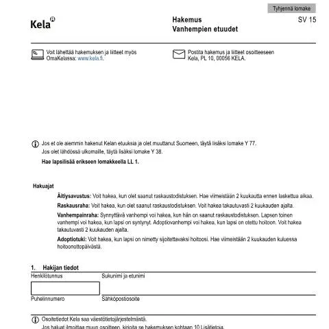Document preview: Vanhempien etuuksien hakeminen SV 15 — Perhe (CERFA n°Kela SV 15)