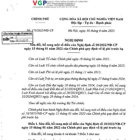 Document preview: Tìm hiểu Nghị định 175/2025/NĐ-CP về lệ phí trước bạ — Thủ tục hành chính (CERFA n°175/2025/NĐ-CP)