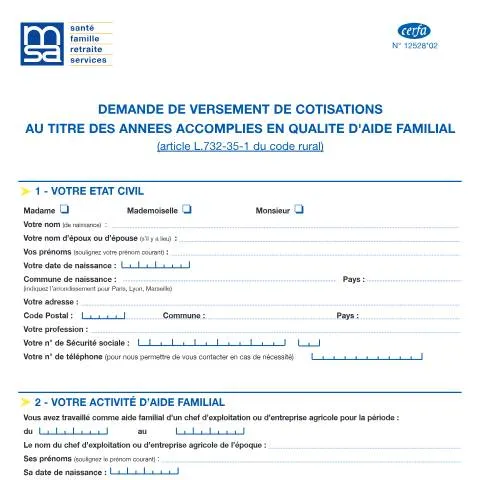 Aperçu du document Demande de versement de cotisations pour aide familial — Aides & prestations sociales (CERFA n°12528*02)