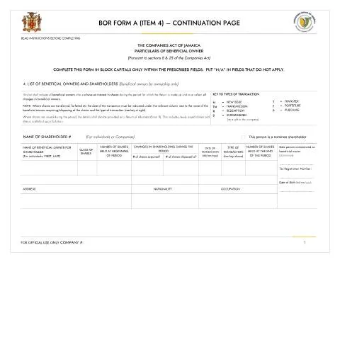 Document preview: Understanding the BOR Form A for Jamaican Companies — Government & admin (CERFA n°BOR_FORM_A_CONTINUATION_PAGE_LIST_OF_BENEFICIAL_OWNERS_AND_SHAREHOLDERS_11012024)