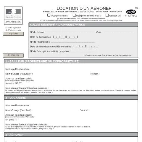 Aperçu du document Formulaire 10092*03 : déclarer la location d'aéronefs — Démarches administratives (CERFA n°10092*03)