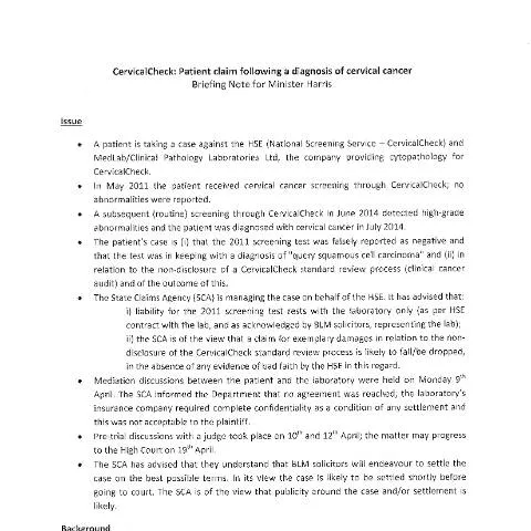 Document preview: Understanding the Importance of the CervicalCheck Briefing Note — Health