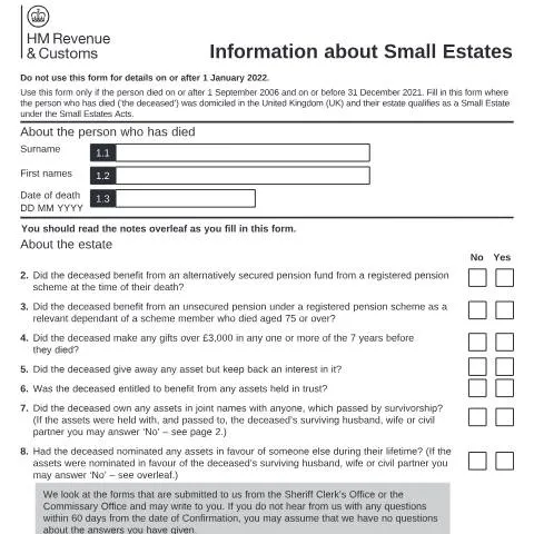 Document preview: Understanding HMRC's C5(SE) Declaration for Small Estate Processing — Taxes