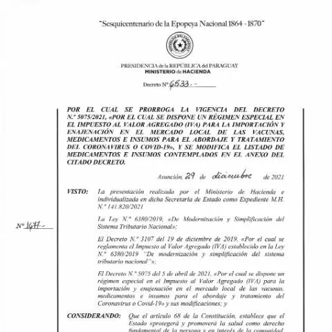 Vista previa del documento Regimen especial del IVA para insumos COVID-19 en Paraguay — Impuestos