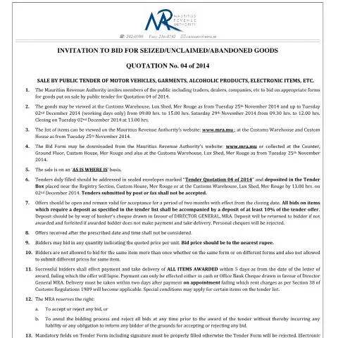 Document preview: Navigating Quotation No. 4 of 2014 for Seized Goods Bidding — Government & admin (InvitationtobidQ04of2014)