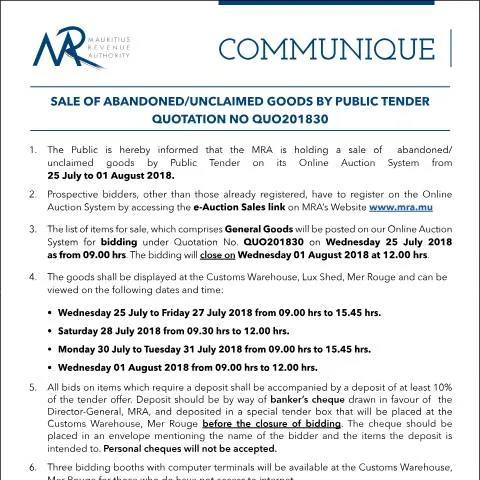 Document preview: Guide to Participating in the Sale of Unclaimed Goods — Government & admin (CERFA n°Communique30of2018)