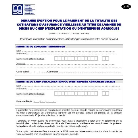 Aperçu du document Option pour le paiement intégral des cotisations d'assurance — Démarches administratives (CERFA n°14010*01)