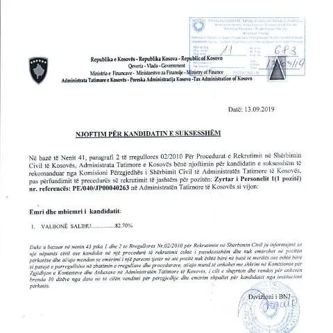 Document preview: Roli i Njoftimit për Kandidatin e Sukesshëm në Kosovë — Punë & punësim