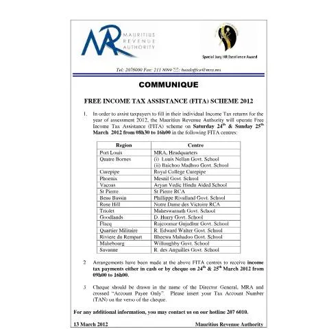 Document preview: Overview of the FITA 2012 Scheme in Mauritius — Taxes (CERFA n°CommuniqueFITA2012)