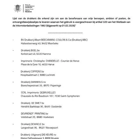 Aperçu du document L'importance des Ontvangstbewijsboekjes pour les titulaires de — Démarches administratives (CERFA n°152-erkende-drukkers-vrije-beroepen-20260201)