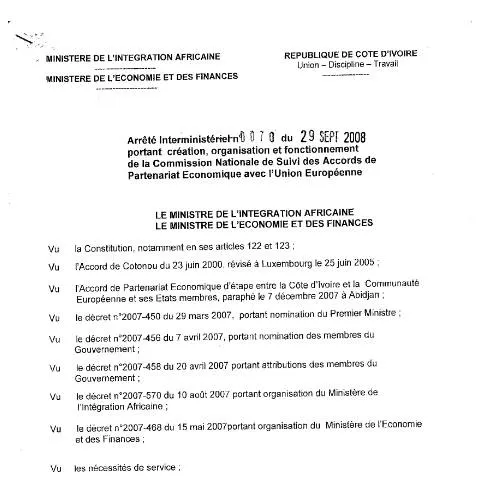 Aperçu du document Organisation de la Commission Nationale APE en Côte d'Ivoire — Démarches administratives