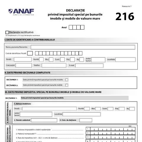Document preview: Impozitul special pe bunuri imobile și mobile de valoare mare — Impozite & fiscalitate (CERFA n°D216_OPANAF_3738_2024)