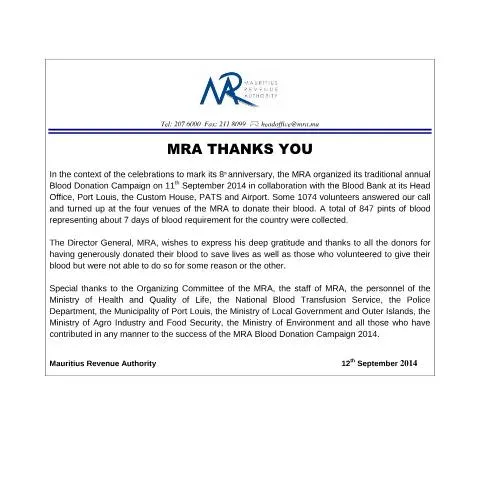 Document preview: Celebrating the Spirit of Blood Donation in Mauritius — Government & admin (ThankYouBD2014)