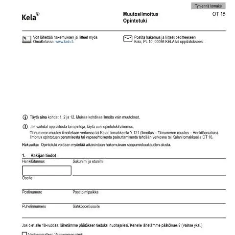 Document preview: Miksi Muutosilmoitus on tärkeä opintotuessa? — Opiskelu & koulutus (CERFA n°Kela OT 15)