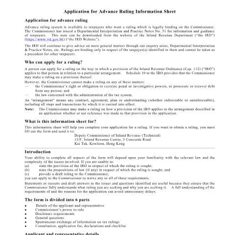 Document preview: Guide to the Advance Ruling Information Sheet IR1297 — Taxes (CERFA n°IR 1297)
