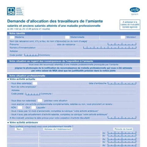Aperçu du document Allocation amiante agricole : guide du formulaire 12579*01 — Aides & prestations sociales (CERFA n°12579*01)